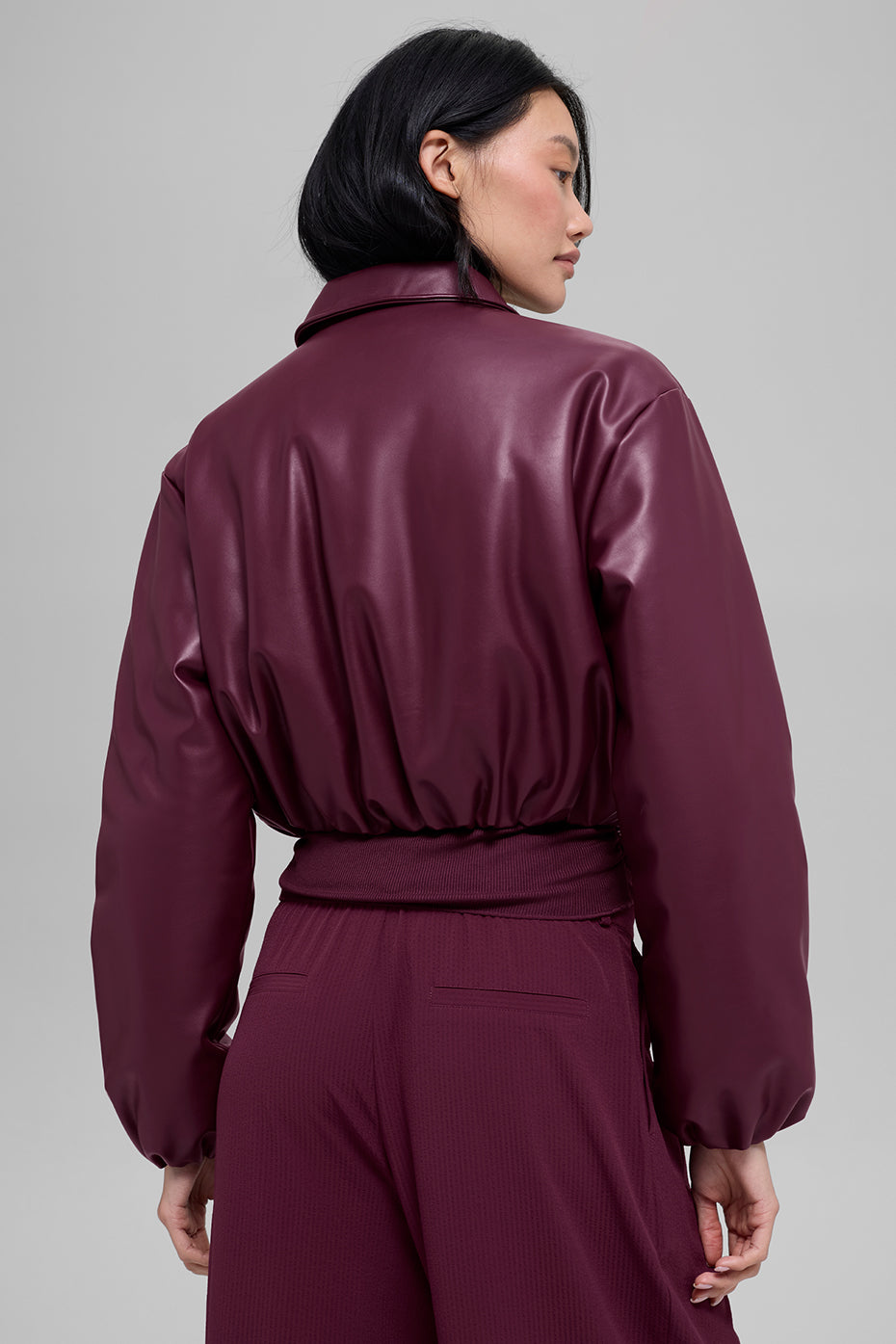Faux Leather Cropped Premier Bomber - Burgundy - Image 3