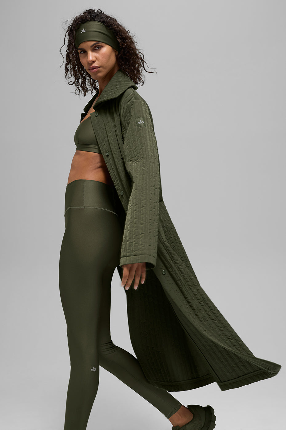 Quilted Skyline Long Coat - Green Olive - Image 6