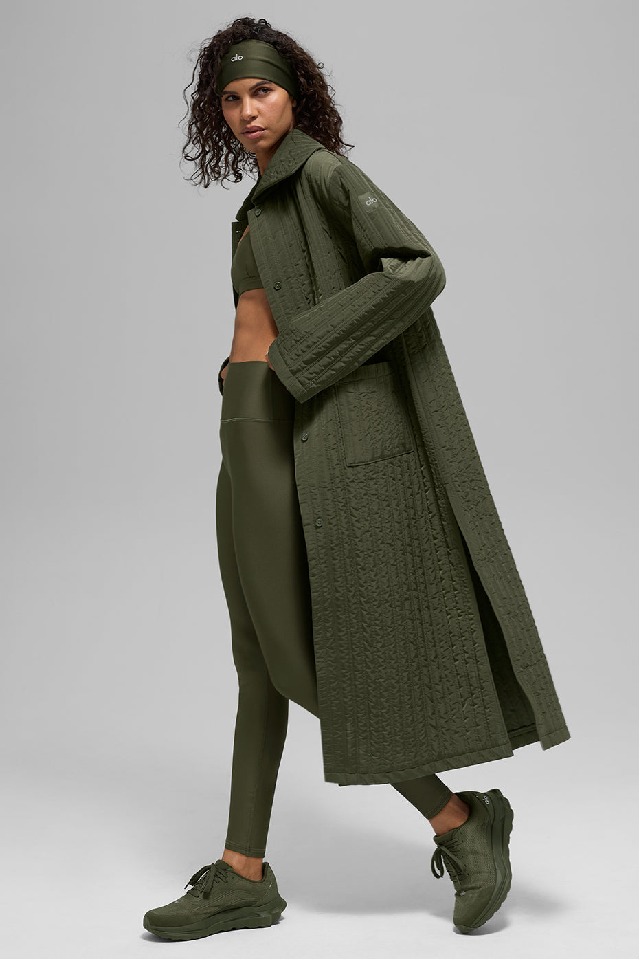 Quilted Skyline Long Coat - Green Olive - Image 4