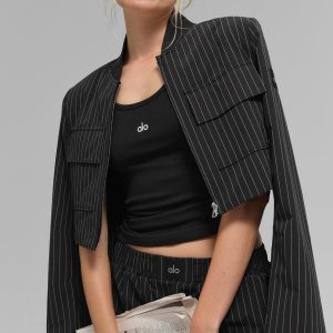 Cropped Pinstripe Main Character Full Zip Jacket - Black/Titanium