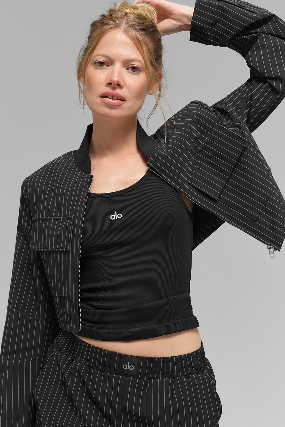 Cropped Pinstripe Main Character Full Zip Jacket - Black/Titanium - Image 4