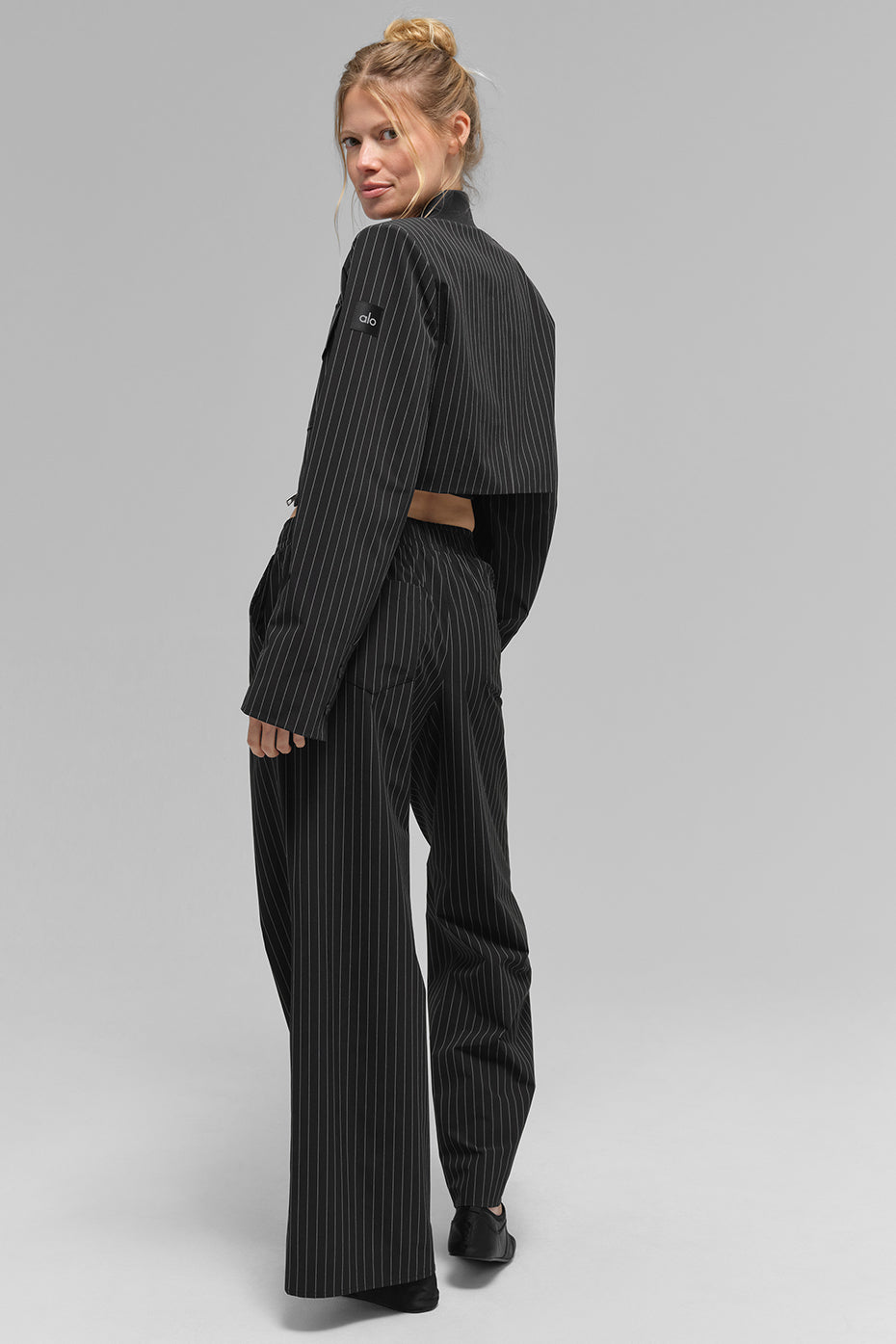 Cropped Pinstripe Main Character Full Zip Jacket - Black/Titanium - Image 3
