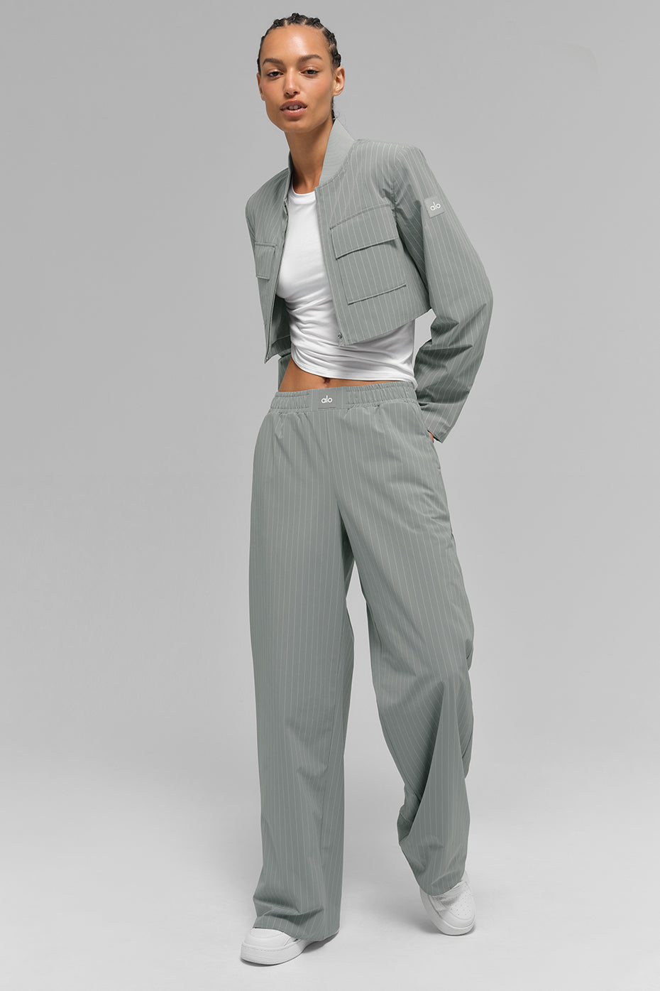 Cropped Pinstripe Main Character Full Zip Jacket - Lunar Grey/White - Image 6