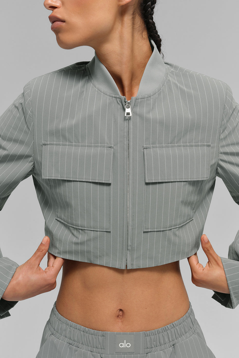 Cropped Pinstripe Main Character Full Zip Jacket - Lunar Grey/White - Image 2
