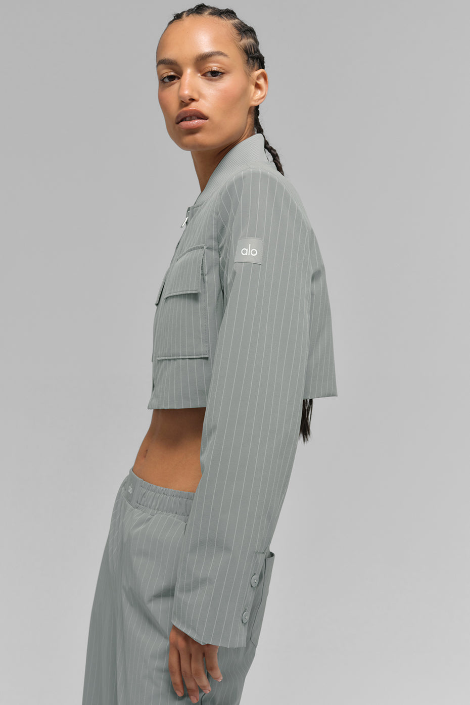 Cropped Pinstripe Main Character Full Zip Jacket - Lunar Grey/White - Image 5