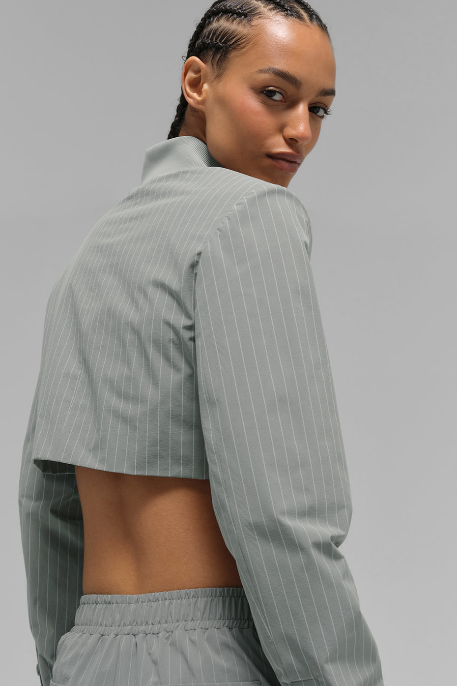 Cropped Pinstripe Main Character Full Zip Jacket - Lunar Grey/White - Image 4