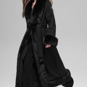 Faux Fur Trimmed Longline Coat - Black