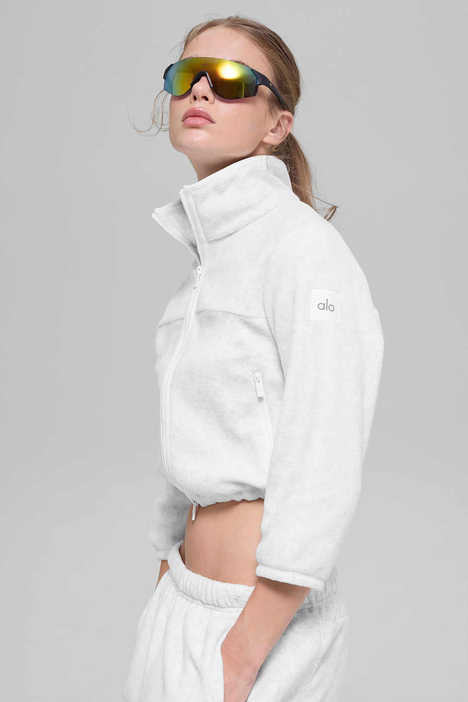 Polar Fleece Retreat Cropped Jacket - White Heather Grey - Image 3