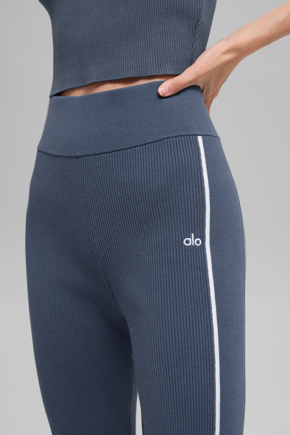 Ribbed Sweater Knit Highline Flare Pant - Bluestone/White - Image 2