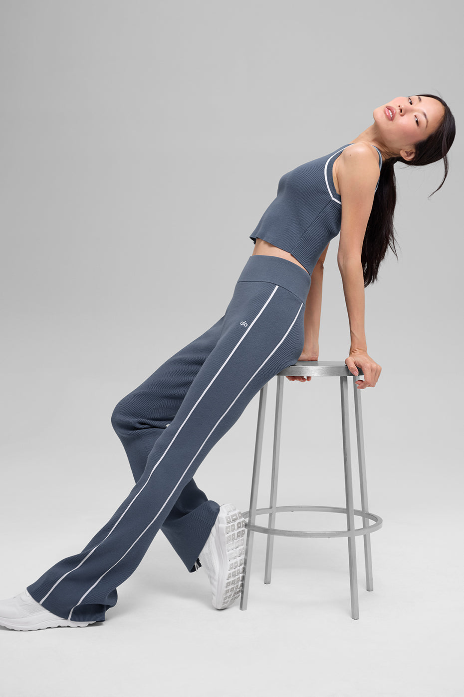 Ribbed Sweater Knit Highline Flare Pant - Bluestone/White - Image 5