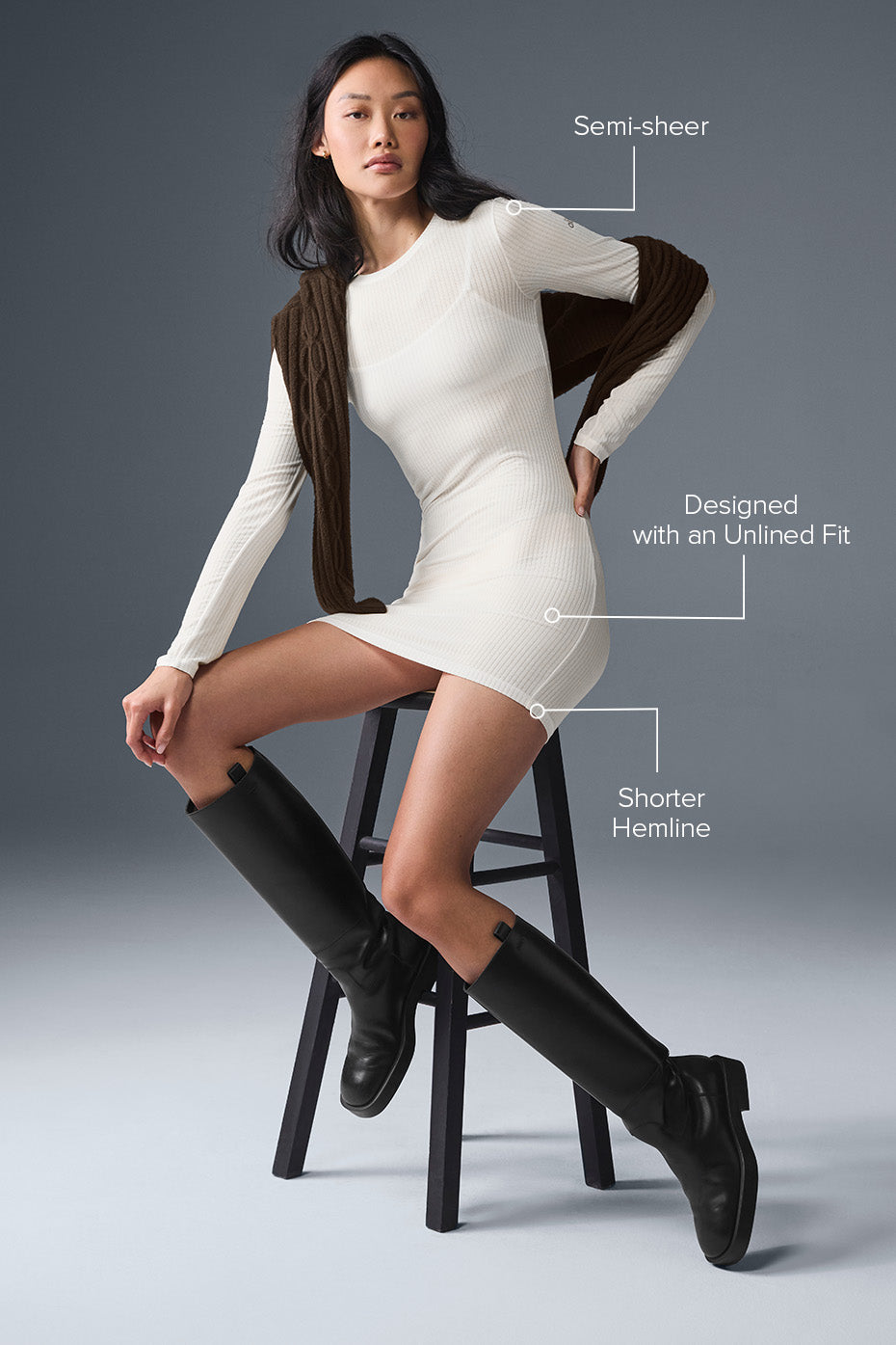 Ribbed Sea Coast Long Sleeve Dress - Ivory - Image 2